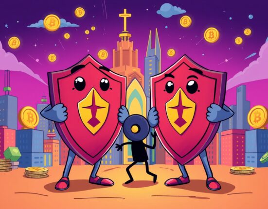 Cartoon guardians issuing an AI16Z investment warning to protect digital asset investors from risk.