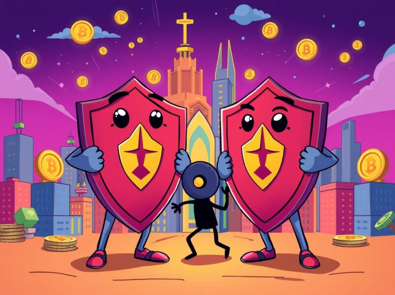 Cartoon guardians issuing an AI16Z investment warning to protect digital asset investors from risk.