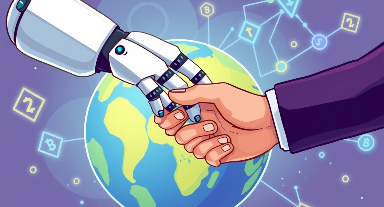 Cartoon illustration of an AI robot and human collaborating on a global scale, symbolizing the innovative AION AI trade finance platform's impact on international business.