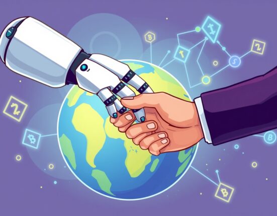 Cartoon illustration of an AI robot and human collaborating on a global scale, symbolizing the innovative AION AI trade finance platform's impact on international business.