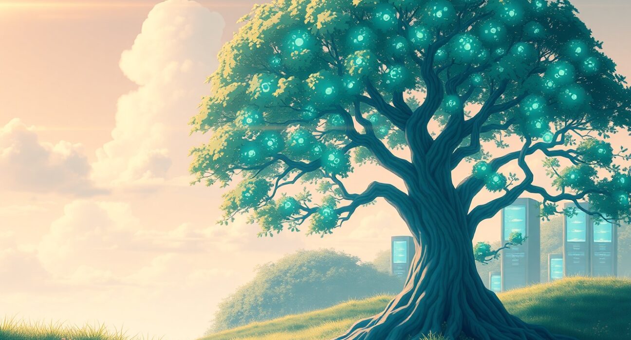 AIOZ Network decentralized content delivery ecosystem visualized as a digital tree