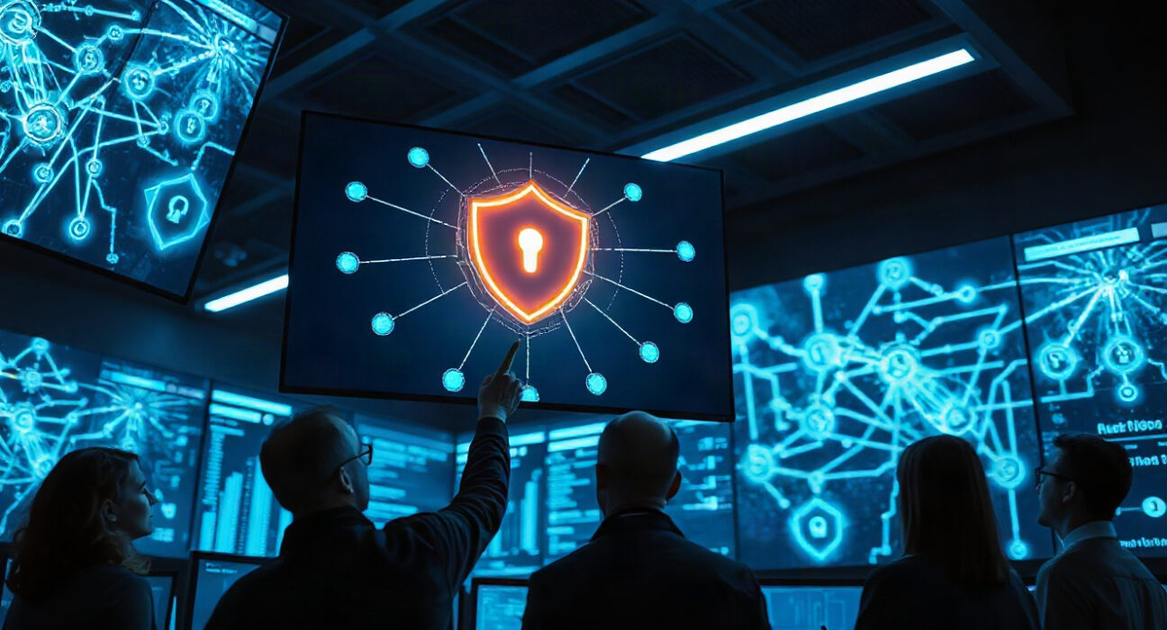 Security analysts monitoring AI agent activity in a high-tech operations center