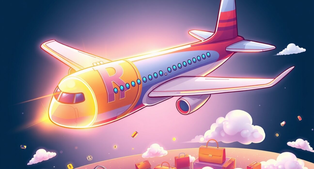A cartoon airplane fused with a ringgit stablecoin flying over a digital finance landscape, symbolizing innovation.