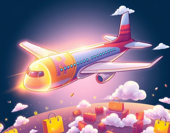 A cartoon airplane fused with a ringgit stablecoin flying over a digital finance landscape, symbolizing innovation.