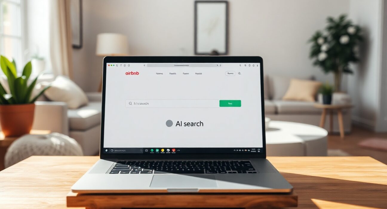 Airbnb AI search toggle on a laptop in a modern living room setting