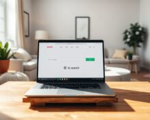 Airbnb AI search toggle on a laptop in a modern living room setting