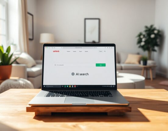 Airbnb AI search toggle on a laptop in a modern living room setting