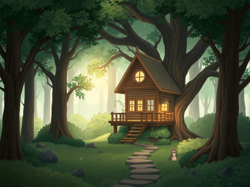 Airbnb AI features guiding a personalized travel experience in a whimsical Ghibli-style landscape.