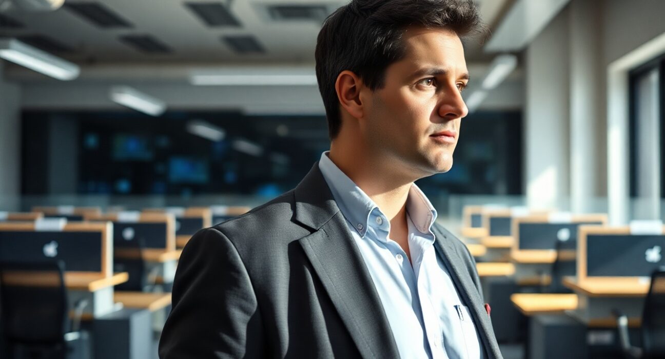 Airbnb CEO Brian Chesky in a modern office setting, looking thoughtful.