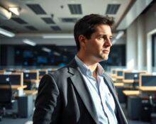 Airbnb CEO Brian Chesky in a modern office setting, looking thoughtful.