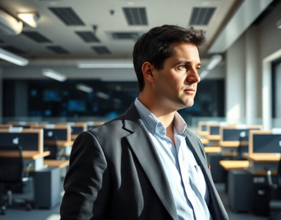 Airbnb CEO Brian Chesky in a modern office setting, looking thoughtful.