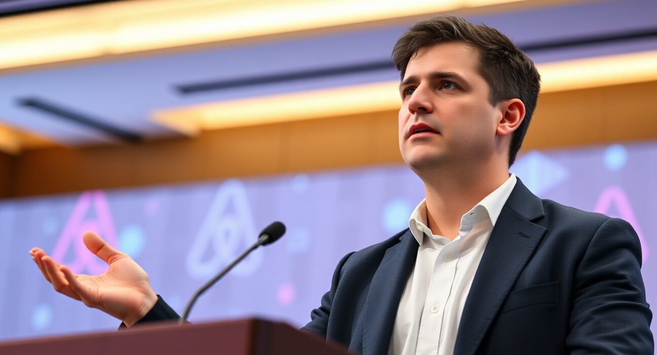 Airbnb CEO Brian Chesky speaking at a tech conference about trust in real-world asset tokenization