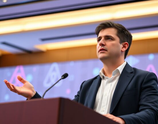 Airbnb CEO Brian Chesky speaking at a tech conference about trust in real-world asset tokenization