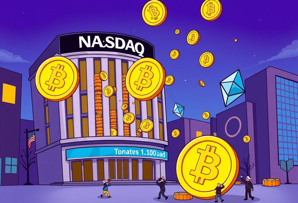 A cartoon illustration symbolizing AirNet Technology crypto fundraising, showing digital currencies flowing into a corporate entity.