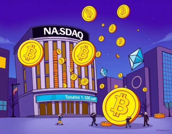 A cartoon illustration symbolizing AirNet Technology crypto fundraising, showing digital currencies flowing into a corporate entity.