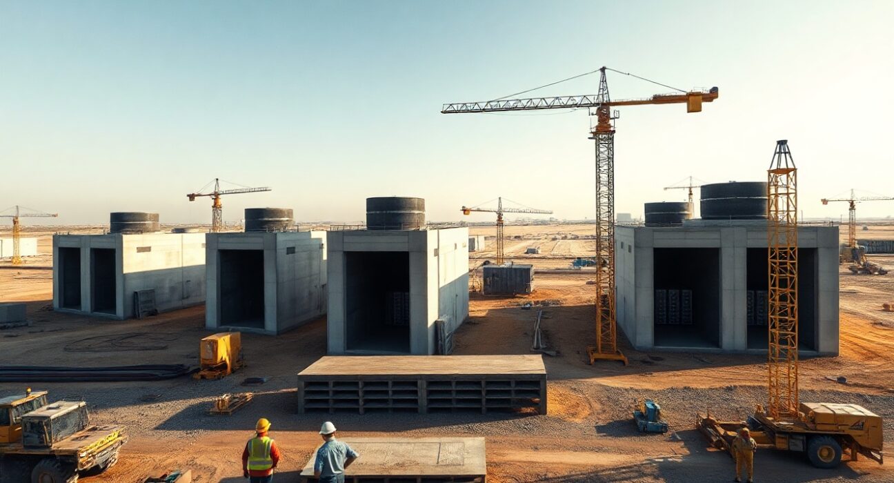 Construction of a large data center facility in a semi-arid Indian landscape with cranes and workers