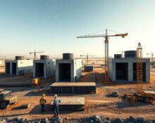 Construction of a large data center facility in a semi-arid Indian landscape with cranes and workers