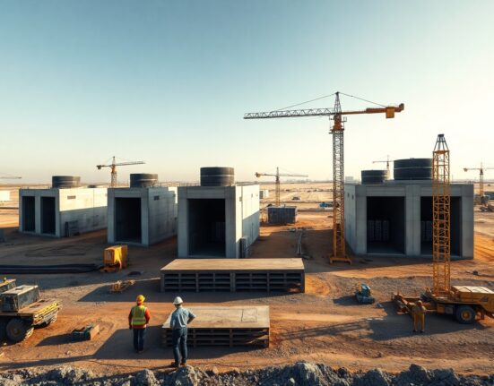 Construction of a large data center facility in a semi-arid Indian landscape with cranes and workers