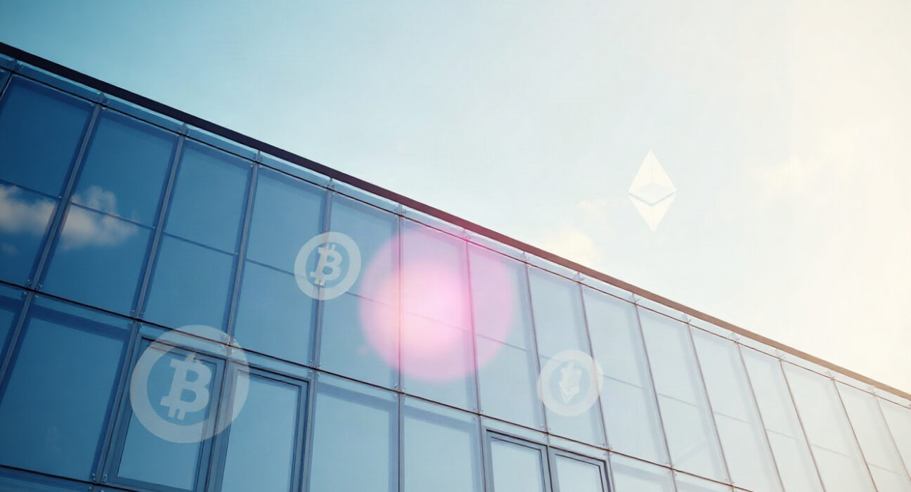 AIXC corporate building with fading cryptocurrency symbols symbolizing exit from crypto treasury