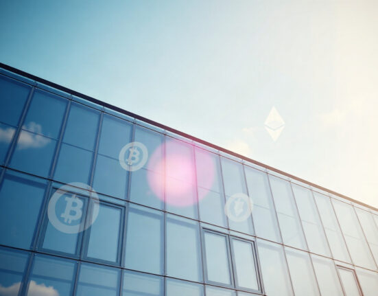AIXC corporate building with fading cryptocurrency symbols symbolizing exit from crypto treasury