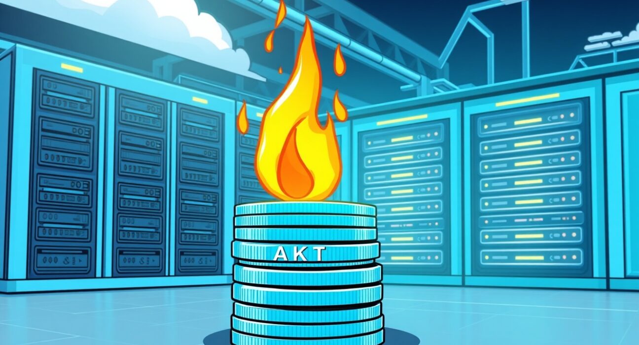 Cartoon illustration depicting AKT tokens being burned, symbolizing Akash Network's strategic move to optimize its tokenomics and enhance value.