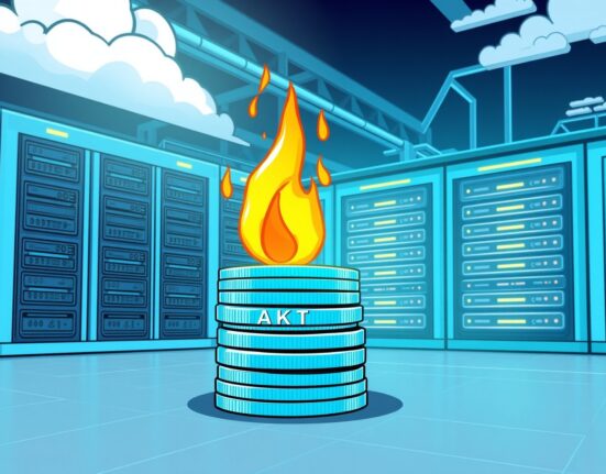 Cartoon illustration depicting AKT tokens being burned, symbolizing Akash Network's strategic move to optimize its tokenomics and enhance value.