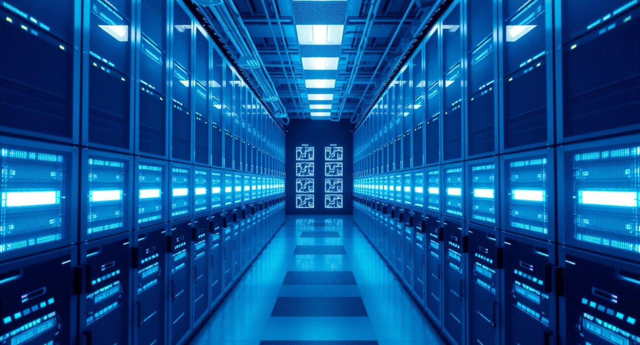 Futuristic data center interior representing decentralized cloud computing and Akash Network.