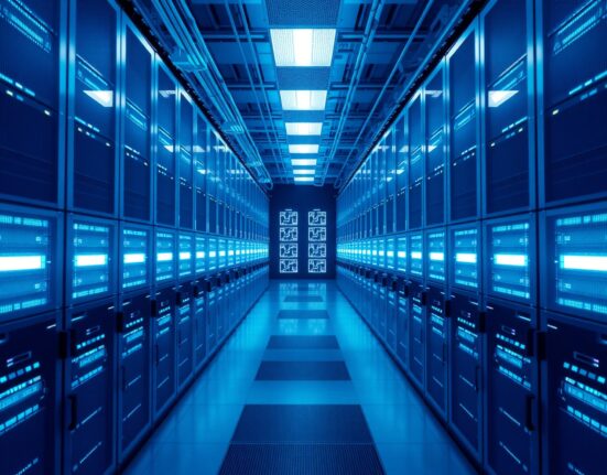 Futuristic data center interior representing decentralized cloud computing and Akash Network.