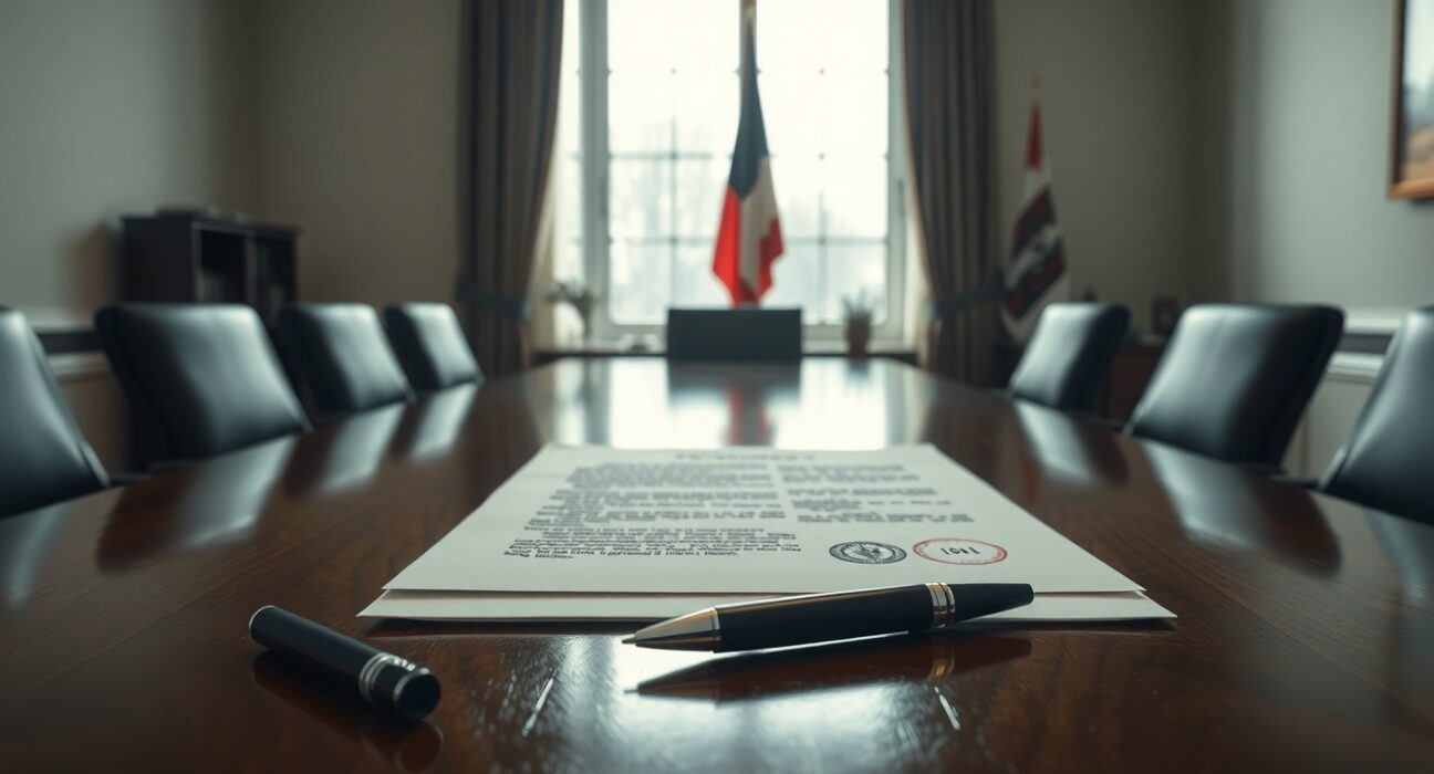 A diplomatic document draft on a table in a meeting room, representing a potential US-Iran agreement.