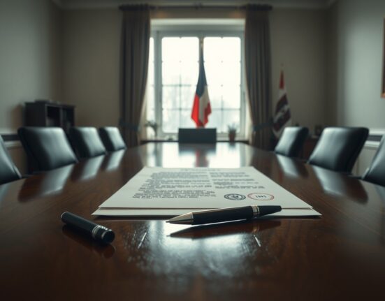 A diplomatic document draft on a table in a meeting room, representing a potential US-Iran agreement.
