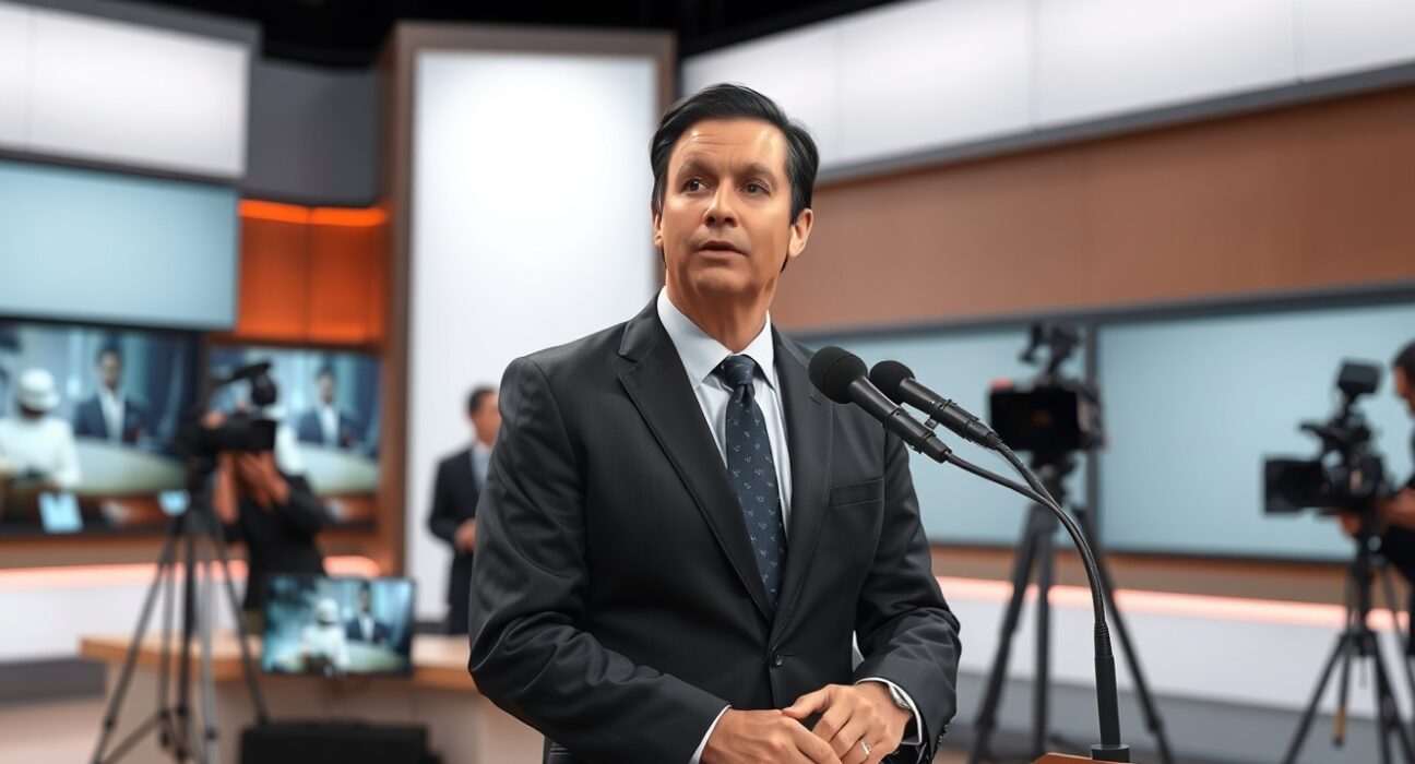 Al Jazeera reporter at a press conference podium, denying claims about Iran's nuclear material order.