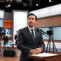 Al Jazeera reporter at a press conference podium, denying claims about Iran's nuclear material order.