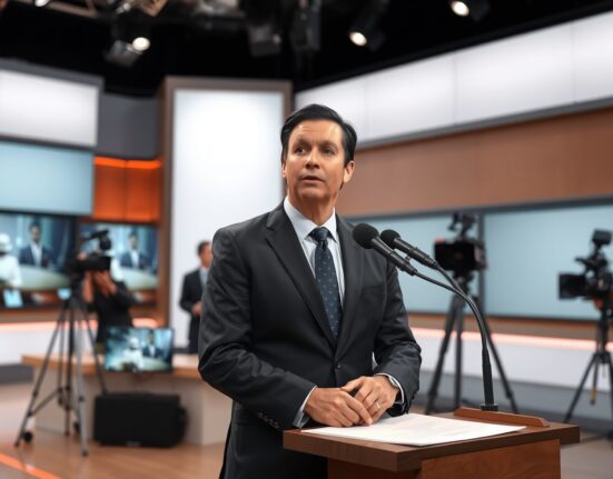 Al Jazeera reporter at a press conference podium, denying claims about Iran's nuclear material order.