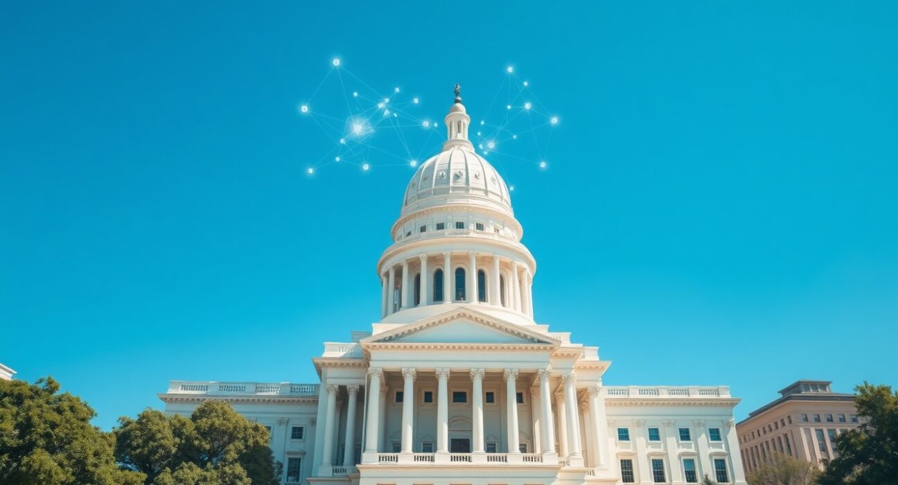 Alabama State Capitol with blockchain visualization representing new DAO legislation