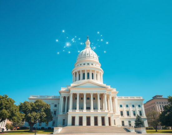 Alabama State Capitol with blockchain visualization representing new DAO legislation