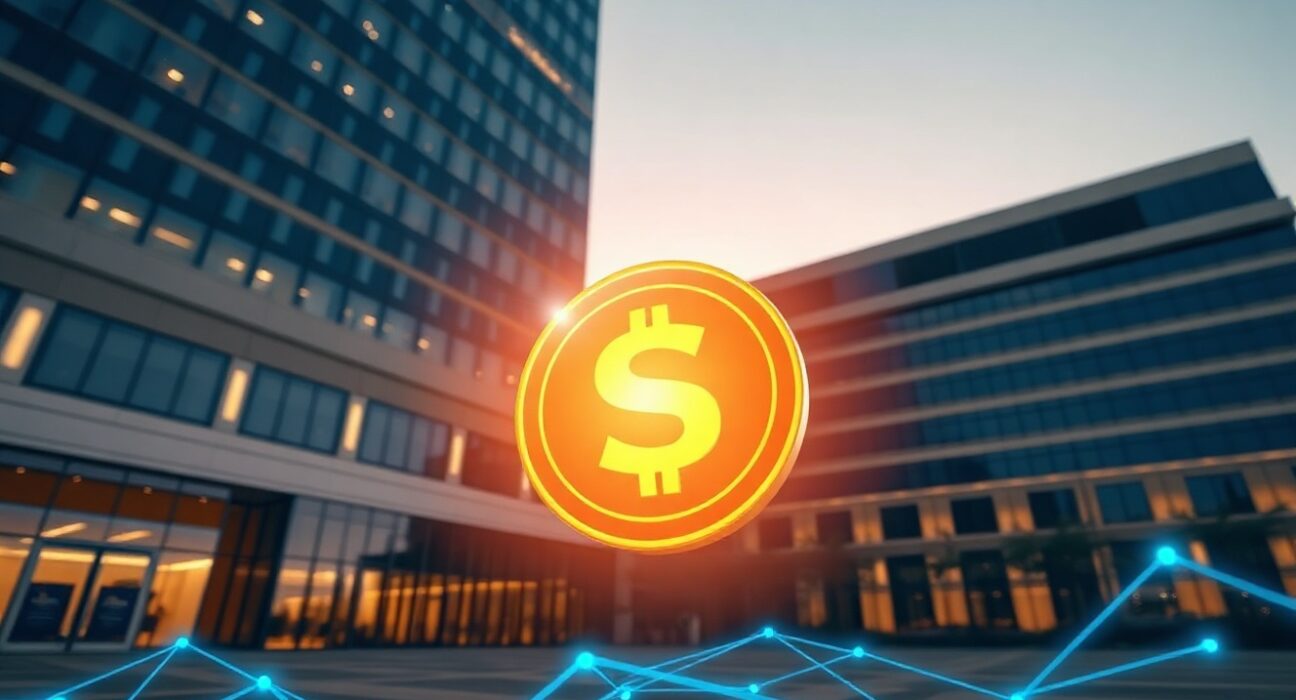 Solana token symbol with a financial building background, representing Alameda Research's SOL transfer to BitGo.
