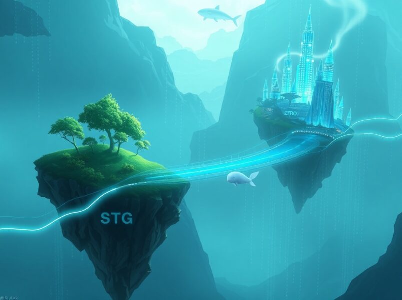 Alameda Research's major token swap from STG to ZRO visualized as a bridge between digital assets.