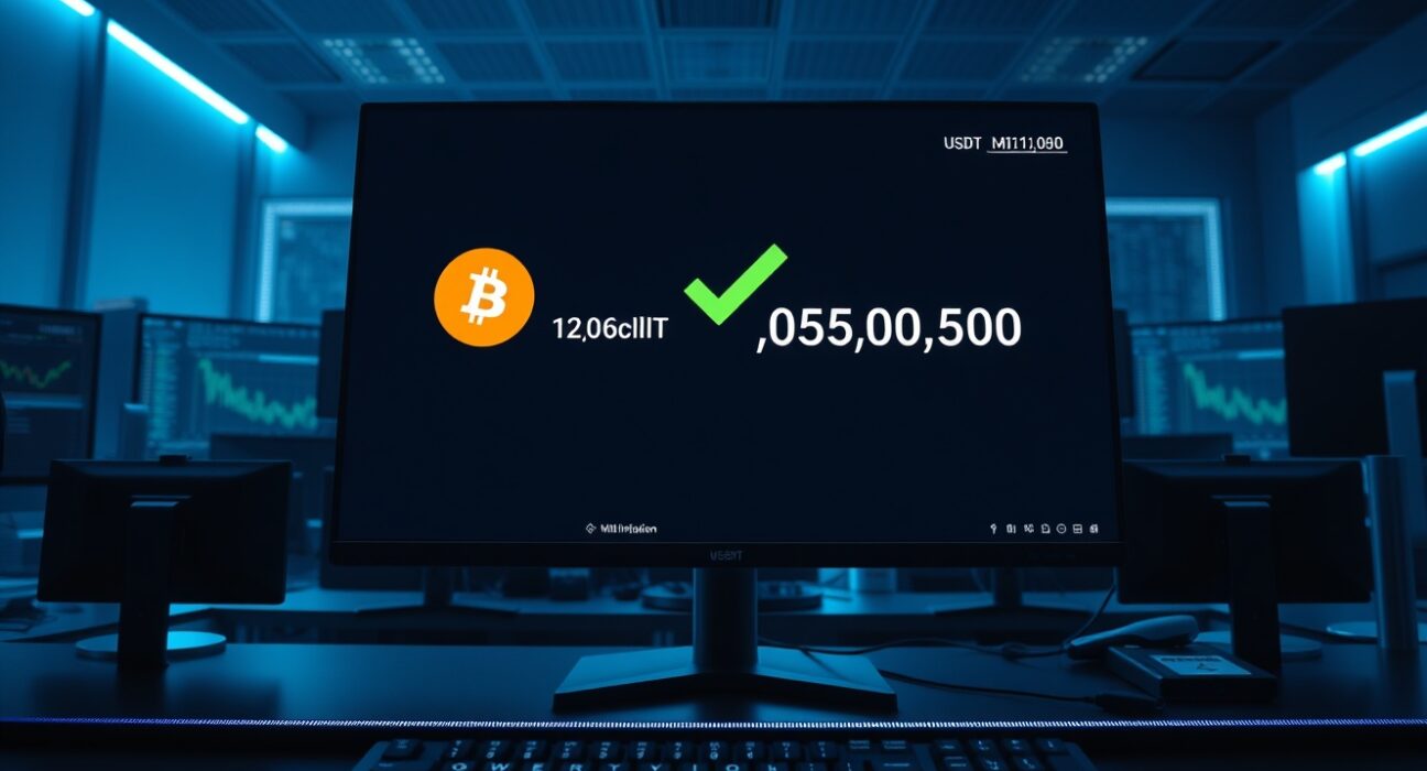 Cryptocurrency exchange interface showing a large withdrawal transaction on a trading desk monitor.