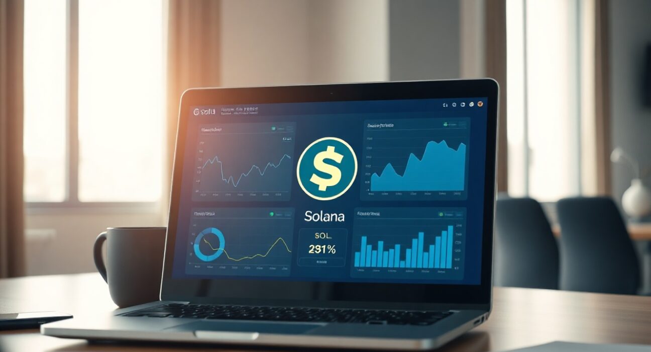 Laptop showing Solana staking dashboard with SOL tokens and charts