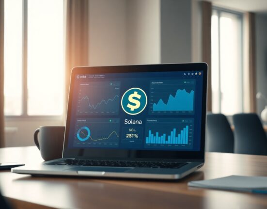 Laptop showing Solana staking dashboard with SOL tokens and charts