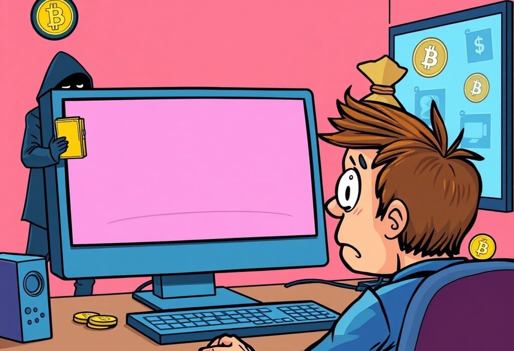 Cartoon illustration showing a victim of a Bitcoin scam, highlighting the danger of deceptive support agents and social engineering.