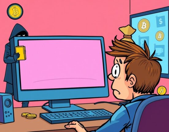 Cartoon illustration showing a victim of a Bitcoin scam, highlighting the danger of deceptive support agents and social engineering.