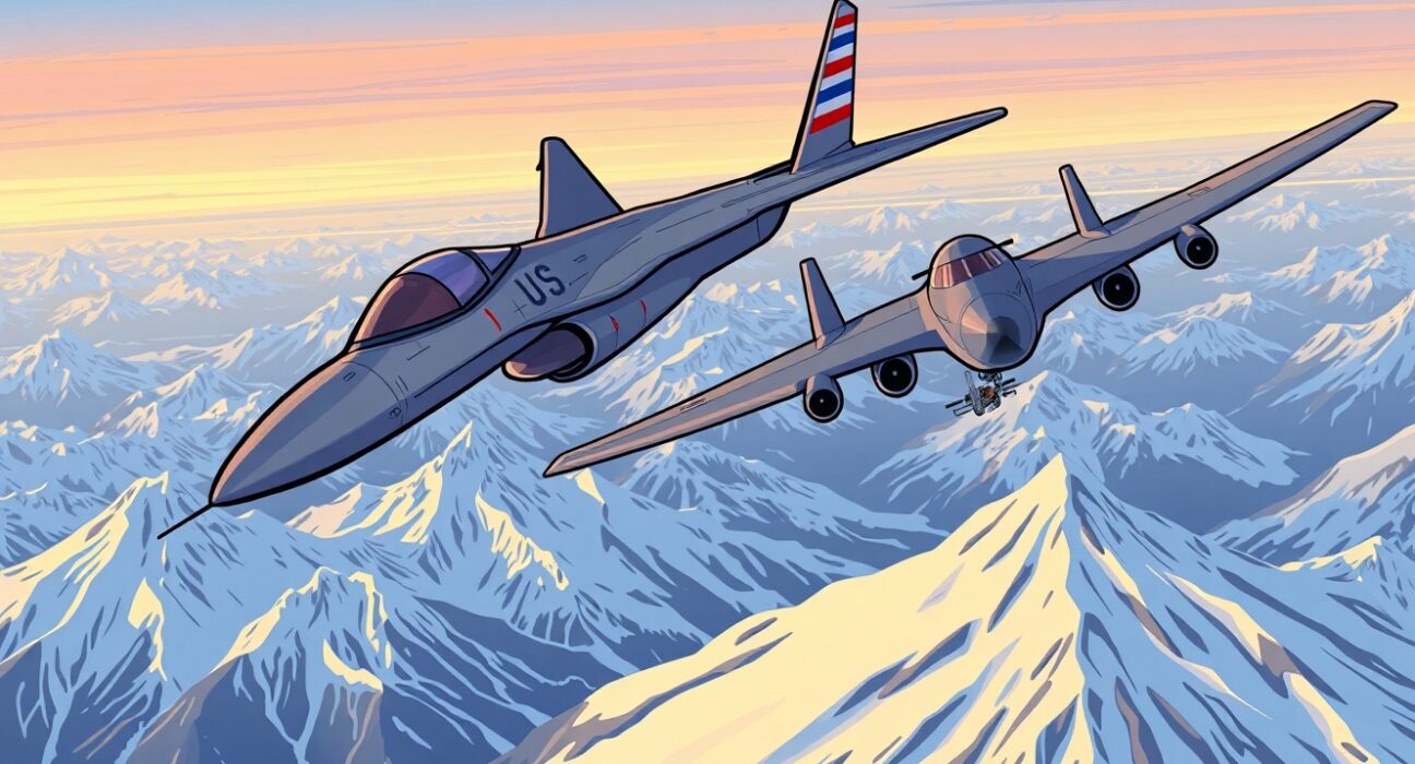 Cartoon illustration of a US fighter jet during an Alaskan airspace incident, intercepting a Russian bomber over snowy mountains.