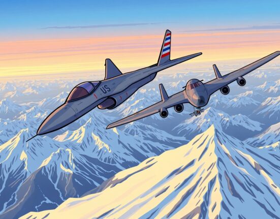 Cartoon illustration of a US fighter jet during an Alaskan airspace incident, intercepting a Russian bomber over snowy mountains.