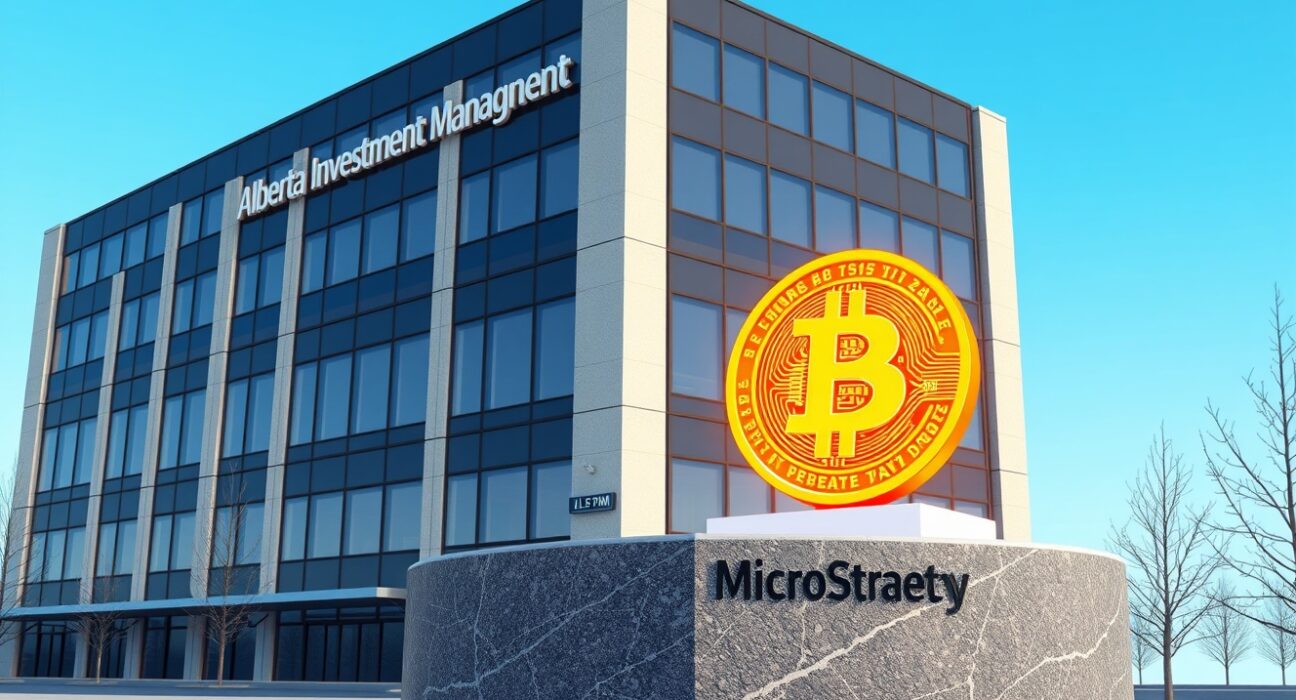 Alberta Investment Management building with Bitcoin and MicroStrategy symbols representing $219M stock purchase