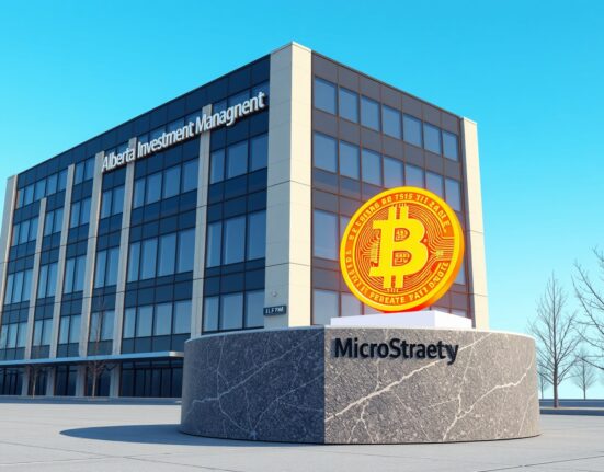 Alberta Investment Management building with Bitcoin and MicroStrategy symbols representing $219M stock purchase