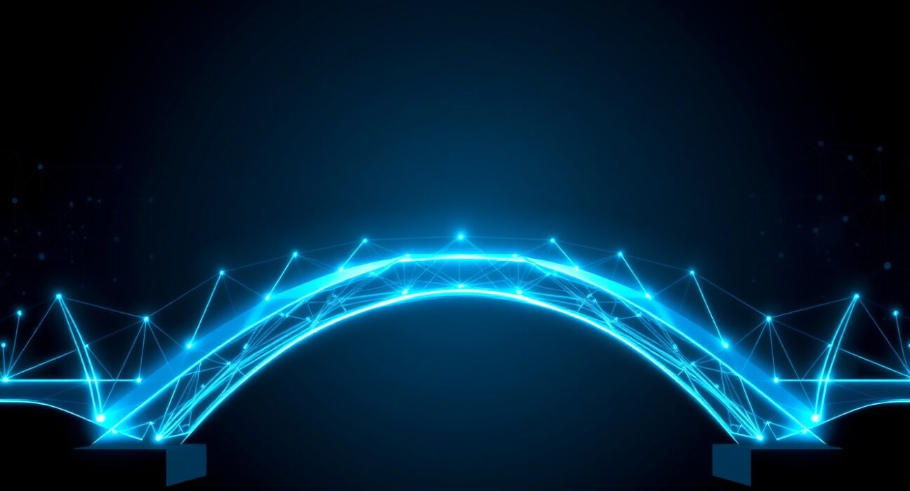 Digital bridge symbolizing Alchemix V3 cross-chain upgrade with blue and teal lighting