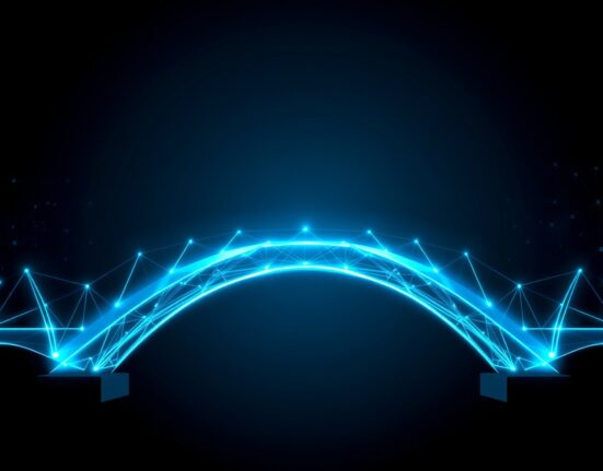 Digital bridge symbolizing Alchemix V3 cross-chain upgrade with blue and teal lighting