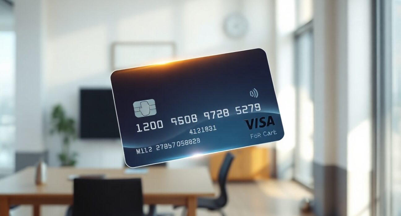 Alchemy AgentCard Visa virtual card for AI agents floating with holographic interface