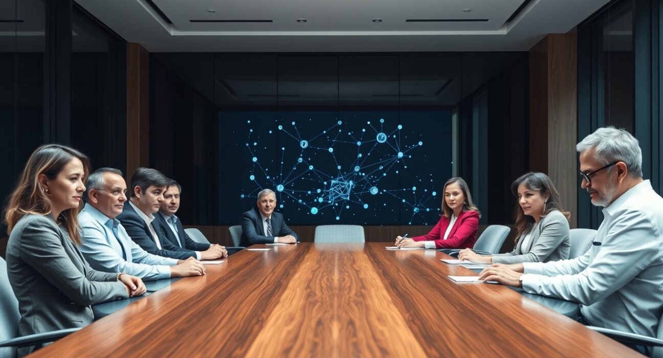 A governance council meeting with professionals around a table, representing Alchemy joining the Kaia blockchain network.